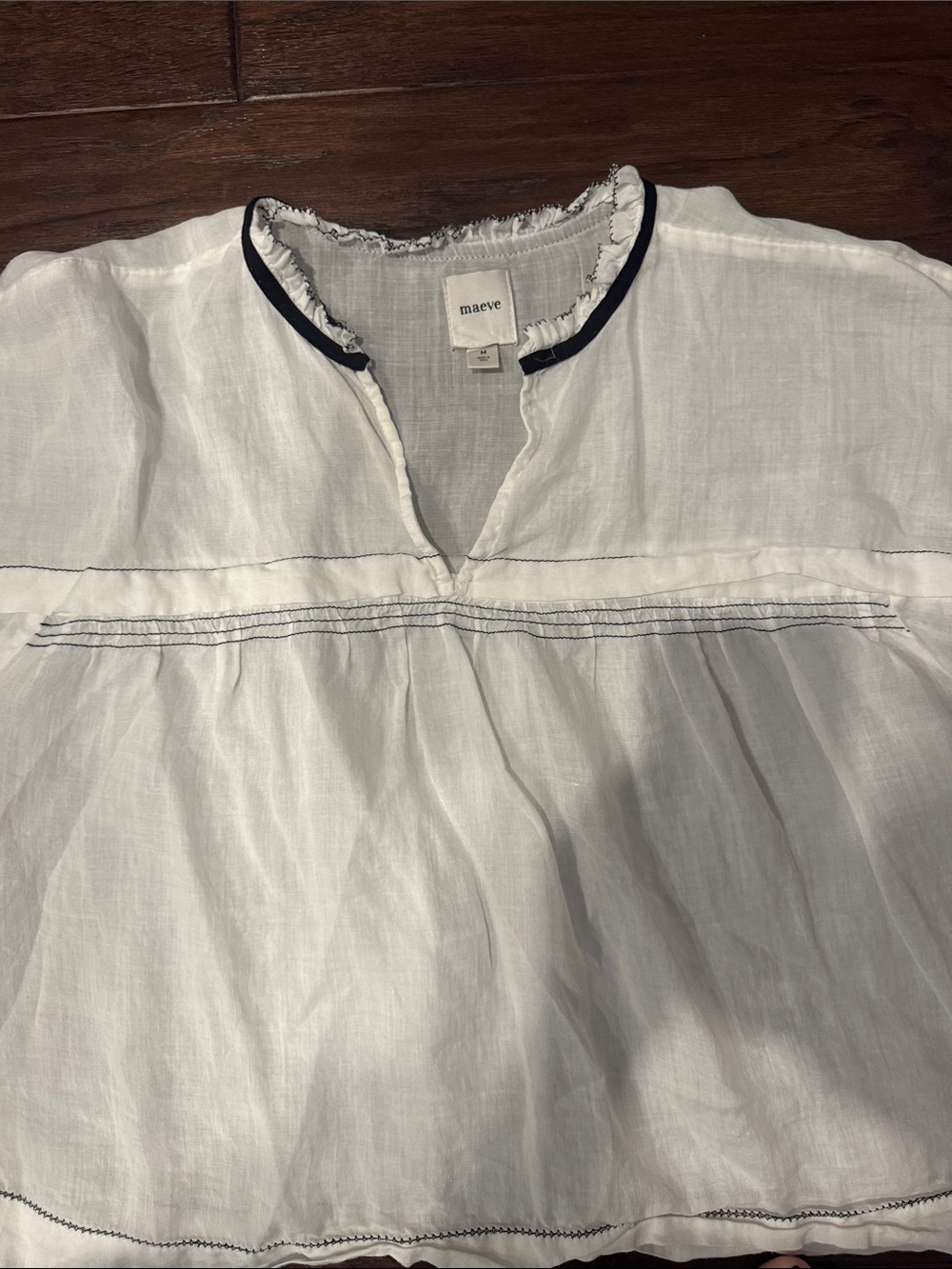Anthropologie White Cotton Peasant Blouse with Black Trim - Picture 6 of 8